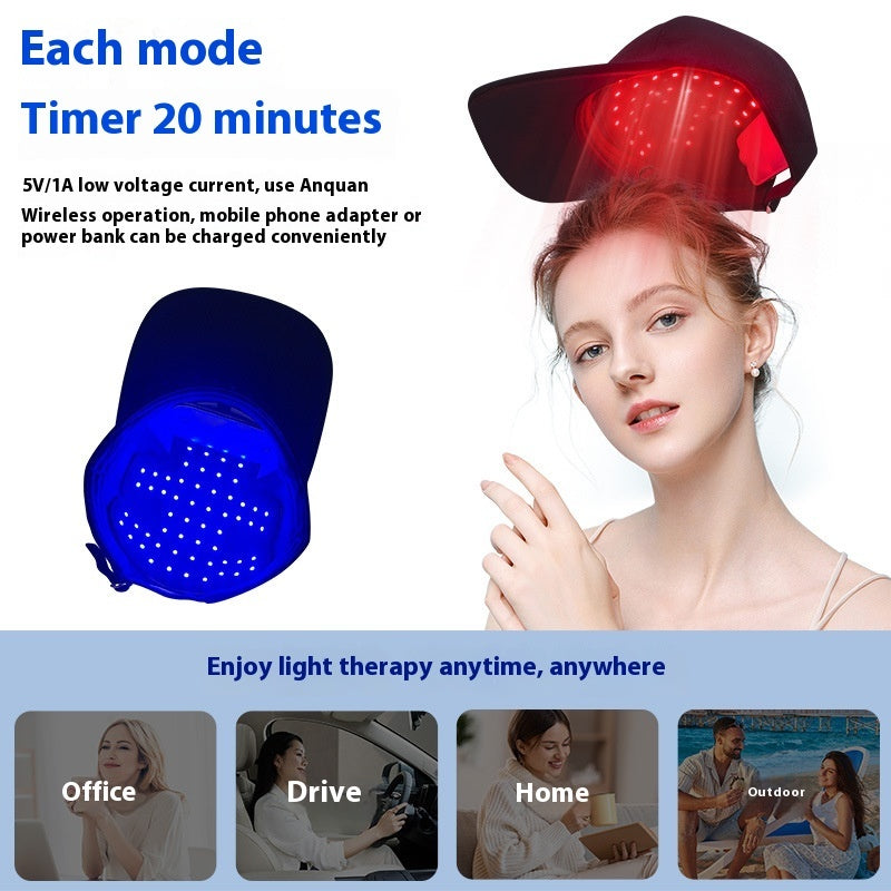  "Person wearing VitalForm Hair Growth Cap for scalp therapy"